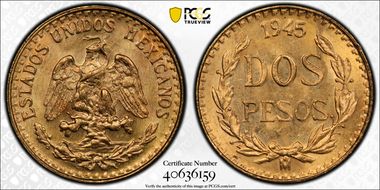 1945-Mo 2 Peso KM-461  Au MS66