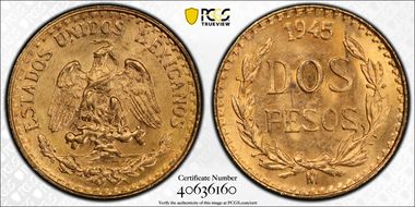 1945-Mo 2 Peso KM-461  Au MS66