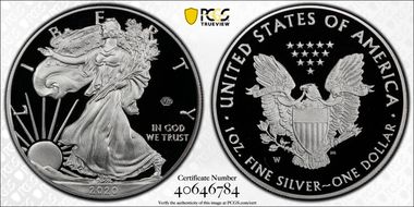 2020-W  $1 Silver Eagle - v75 Privy First Strike PR70DCAM