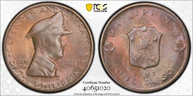 1947-S Peso Douglas MacArthur KM-185  Ag MS66+