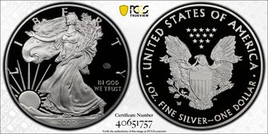 2020-W  $1 Silver Eagle - v75 Privy First Strike PR70DCAM