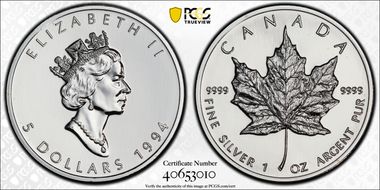 1994 $5 Maple Leaf/Ag MS69