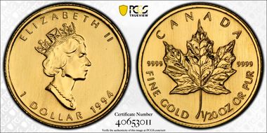 1994 $1 Maple Leaf/Au MS69