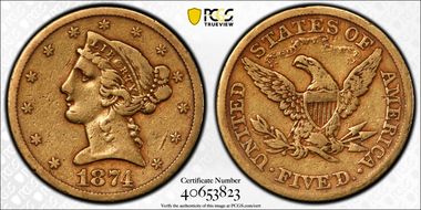 1874-S $5 Weak S VF25