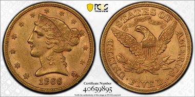 1866 $5 Motto AU58+
