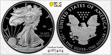 2020-W  $1 Silver Eagle - v75 Privy First Strike PR70DCAM