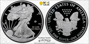 2020-W  $1 Silver Eagle - v75 Privy First Strike PR70DCAM
