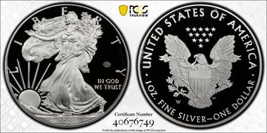 2020-W  $1 Silver Eagle - v75 Privy First Strike PR70DCAM
