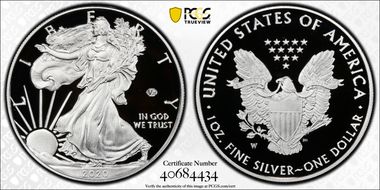 2020-W  $1 Silver Eagle - v75 Privy First Strike PR70DCAM