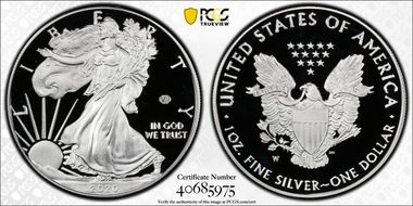 2020-W  $1 Silver Eagle - v75 Privy First Strike PR70DCAM