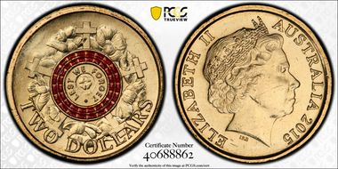 2015 $2 Lest We Forget Colorized Poppy Counterstamp MS65