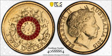 2015 $2 Lest We Forget Colorized Poppy Counterstamp MS65