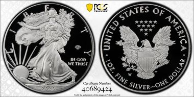 2020-W  $1 Silver Eagle - v75 Privy First Strike PR70DCAM