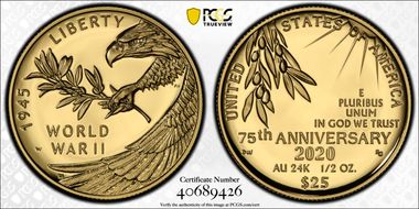 2020-W $25 End of World War II 75th Anniv.  First Strike PR70DCAM