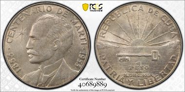 1953 Peso Jose Marti KM-29  Ag AU58