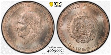 1956-Mo 5 Peso MS66