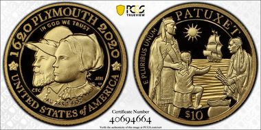 2020-W $10 Mayflower 400th Anniversary U.S Gold Proof Set First Strike PR70DCAM