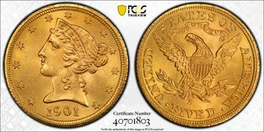 1901/0-S $5 MS65+
