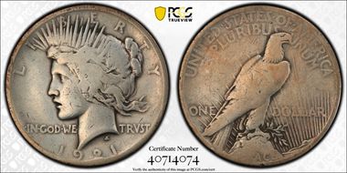 1921 $1 High Relief, Peace N1