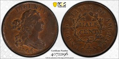 1806 1/2C Small 6, No Stems AU58BN