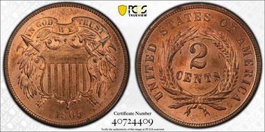 1865 2C Plain 5 MS65+ RD