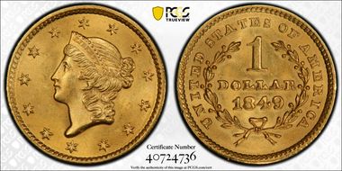 1849 G$1 Closed Wreath MS65