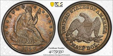 1849 50C WB-9, Doubled Date AU58