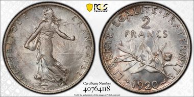 1920 2 Fr Gad-532 F-266 Semeuse MS65