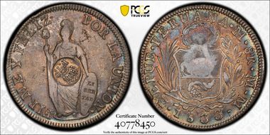 (1832-34) 8 R KM-83 C/M on Peru 8R XF40