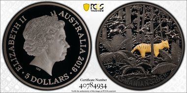 2019 $5 Tasmanian Tiger Echoes of Australian Fauna PR70DCAM