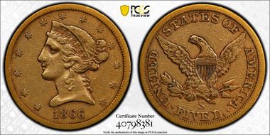 1866-S $5 No Motto VF30