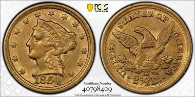 1854-D $2.50 AU58