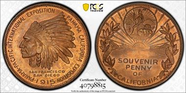 1915 AE Medal Panama-Pacific Expo 38mm CA Souvenir Penny MS64BN