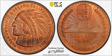 1915 Medal Panama-Pacific Expo 45mm CA Souvenir Penny MS64RB