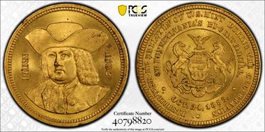 1882 Medal J-CM-42 Gilt Brass Pennsylvania Bicentennial MS65