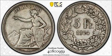 1874 B. 5 Fr VF35