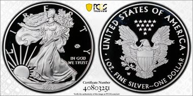 2020-W  $1 Silver Eagle - v75 Privy First Strike PR70DCAM