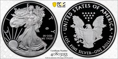 2020-W  $1 Silver Eagle - v75 Privy First Strike PR70DCAM