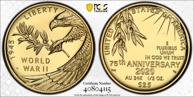2020-W $25 End of World War II 75th Anniv.  First Strike PR69DCAM