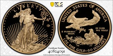 2020-W $50 Gold Eagle - v75 Privy 1 of 1945 Struck First Strike PR69DCAM