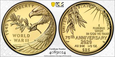 2020-W $25 End of World War II 75th Anniv.  First Strike PR70DCAM