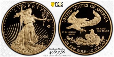 2020-W $50 Gold Eagle - v75 Privy 1 of 1945 Struck First Day of Issue Mercanti Flag PR70DCAM