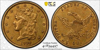 1834 $5 Classic Head, HM-7 AU55