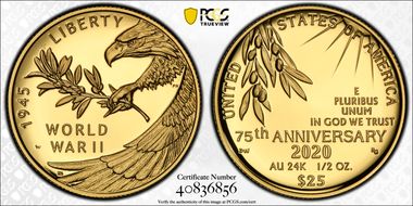 2020-W $25 End of World War II 75th Anniv.  First Strike PR70DCAM