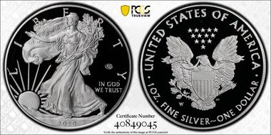 2020-W  $1 Silver Eagle - v75 Privy First Strike PR69DCAM