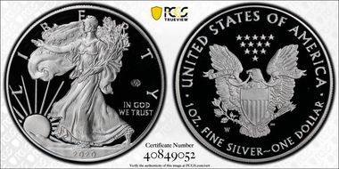 2020-W  $1 Silver Eagle - v75 Privy First Strike PR70DCAM
