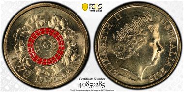 2015 $2 Lest We Forget Colorized Poppy Counterstamp MS67