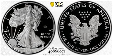 2020-W  $1 Silver Eagle - v75 Privy First Strike PR70DCAM