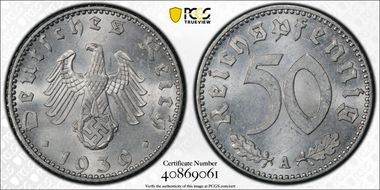 1939-A 50 Pfg J-372 Aluminum MS64