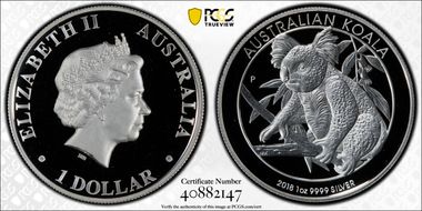 2018-P $1 Koala Ag High Relief PR69DCAM